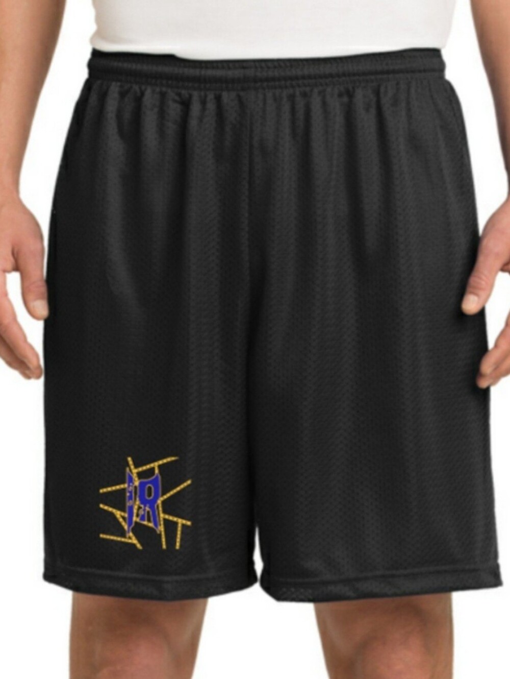 Men's Black Athletic Mesh Shorts with "IR" Logo Graphic Accent